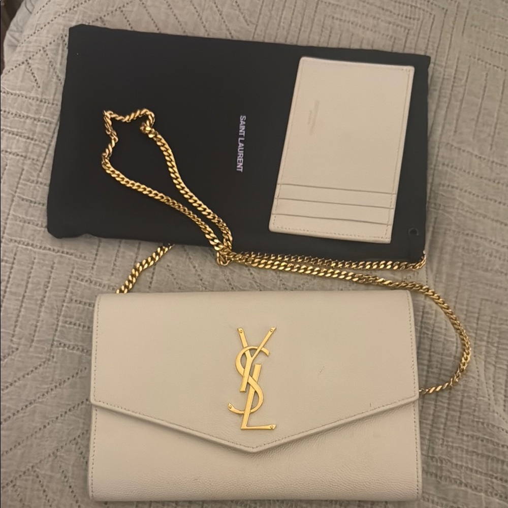 Saint Laurent Uptown leather wallet on chain - white/gold